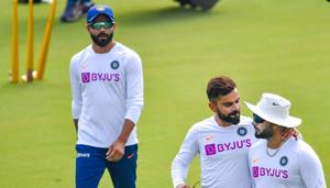 Indian cricket team Captain Virat Kohli with teammates Rishabh Pant and R Jadeja during a practice session ahead of their first Test scheduled to start on November 14 against Bangladesh, in Indore, Tuesday, Nov. 12, 2019.(PTI) Indian cricket team Captain Virat Kohli with teammates Rishabh Pant and R Jadeja during a practice session ahead of their first Test scheduled to start on November 14 against Bangladesh, in Indore, Tuesday, Nov. 12, 2019.(PTI)