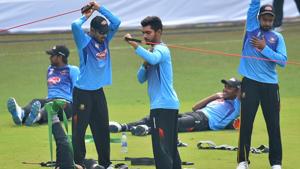 Bangladesh cricketers (L-R standing) Mohammad Mithun, Saif Hassan and Abu Jayed during a practice session.(PTI) Bangladesh cricketers (L-R standing) Mohammad Mithun, Saif Hassan and Abu Jayed during a practice session.(PTI)