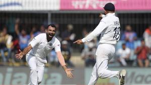 India's Mohammed Shami, left, celebrates with captain Virat Kohli the dismissal of Bangladesh's Mushfiqur Rahim during the first day of first cricket test match between India and Bangladesh in Indore, India, Thursday, Nov. 14, 2019. (AP Photo/Aijaz Rahi)(AP) India's Mohammed Shami, left, celebrates with captain Virat Kohli the dismissal of Bangladesh's Mushfiqur Rahim during the first day of first cricket test match between India and Bangladesh in Indore, India, Thursday, Nov. 14, 2019. (AP Photo/Aijaz Rahi)(AP)