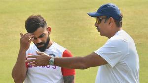 Indore: Indian cricket captain Virat Kohli talks with Head Coach Ravi Shastri during a practice session on the eve of first Test match against Bangladesh, in Indore, Wednesday, Nov 13, 2019.(PTI) Indore: Indian cricket captain Virat Kohli talks with Head Coach Ravi Shastri during a practice session on the eve of first Test match against Bangladesh, in Indore, Wednesday, Nov 13, 2019.(PTI)