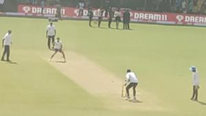 Kuldeep Yadav bowls during lunch on Day 2 at Indore(HT Photo) Kuldeep Yadav bowls during lunch on Day 2 at Indore(HT Photo)