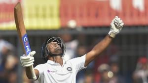 Indore: Indian batsman Mayank Agarwal holds up his bat as he reacts after scoring a century(PTI) Indore: Indian batsman Mayank Agarwal holds up his bat as he reacts after scoring a century(PTI)