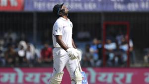 India's Mayank Agarwal reacts after a successful review for his wicket during the second day of first cricket test match between India and Bangladesh in Indore, India.(AP) India's Mayank Agarwal reacts after a successful review for his wicket during the second day of first cricket test match between India and Bangladesh in Indore, India.(AP)
