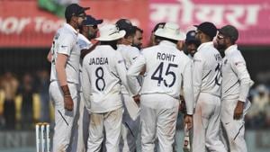Team India after the dismissal of Bangladesh's Taijul Islam during the first test match.(AP) Team India after the dismissal of Bangladesh's Taijul Islam during the first test match.(AP)