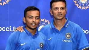 Prithvi Shaw and Rahul Dravid.(BCCI File) Prithvi Shaw and Rahul Dravid.(BCCI File)