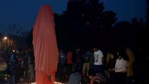 The statue of Swami Vivekananda, which was to be unveiled inside the campus, was found defaced with slogans and graffiti painted on its base by unknown miscreants.(ANI Photo) The statue of Swami Vivekananda, which was to be unveiled inside the campus, was found defaced with slogans and graffiti painted on its base by unknown miscreants.(ANI Photo)