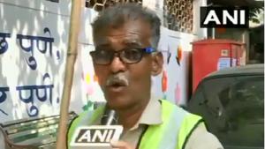 Besides being a cleaning worker, Jadhav himself has composed different songs on cleaning, which he plays in front of people every day in the morning.(Twitter/@ANI)