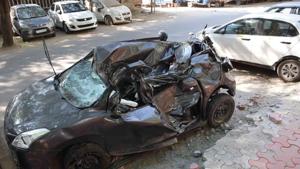 The damaged car after yesterday’s accident at Okhla in New Delhi on Sunday(HT Photo) The damaged car after yesterday’s accident at Okhla in New Delhi on Sunday(HT Photo)