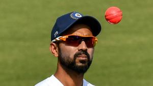 India's Ajinkya Rahane tosses a pink ball during a training session.(AFP) India's Ajinkya Rahane tosses a pink ball during a training session.(AFP)