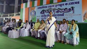 West Bengal Chief Minister and Trinamool Congress supremo Mamata Banerjee addresses a party workers meeting, in Cooch Behar on Monday.(PTI)