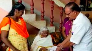 105-year old woman Bhageerathi Amma appeared for fourth standard equivalent examination conducted under Kerala State Literacy Mission, in Kollam on Wednesday.(ANI Photo) 105-year old woman Bhageerathi Amma appeared for fourth standard equivalent examination conducted under Kerala State Literacy Mission, in Kollam on Wednesday.(ANI Photo)