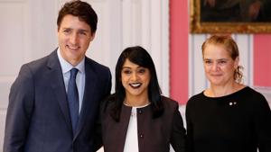 Bardish Chagger (in centre) poses with Canada's Prime Minister Justin Trudeau and Gov. Gen. Julie Payette after being sworn-in as Minister of Diversity, Inclusion and Youth during the presentation of Trudeau's new cabinet, at Rideau Hall in Ottawa, Ontario, Canada November 20, 2019.(REUTERS) Bardish Chagger (in centre) poses with Canada's Prime Minister Justin Trudeau and Gov. Gen. Julie Payette after being sworn-in as Minister of Diversity, Inclusion and Youth during the presentation of Trudeau's new cabinet, at Rideau Hall in Ottawa, Ontario, Canada November 20, 2019.(REUTERS)