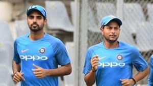 File image of Bhuvneshwar Kumar and Kuldeep Yadav (R).(AFP) File image of Bhuvneshwar Kumar and Kuldeep Yadav (R).(AFP)