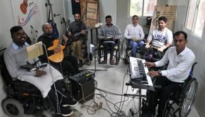 Members of wheelchair band ‘Flowing Karma’ at the Chandigarh Spinal Rehab in Sector 28, Chandigarh, on Thursday.(Ravi Kumar/HT) Members of wheelchair band ‘Flowing Karma’ at the Chandigarh Spinal Rehab in Sector 28, Chandigarh, on Thursday.(Ravi Kumar/HT)