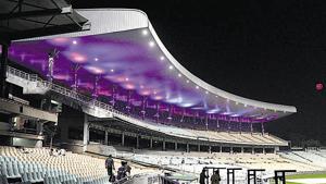 Eden Garden was illuminated with pink light ahead of India'a first pink ball test match, in Kolkata.(HT Photo) Eden Garden was illuminated with pink light ahead of India'a first pink ball test match, in Kolkata.(HT Photo)