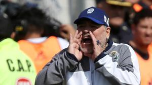 Gimnasia y Esgrima coach Diego Maradona during the match.(REUTERS) Gimnasia y Esgrima coach Diego Maradona during the match.(REUTERS)