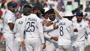 Indian players celebrate after the fall of a wicket during first day of Day-Night Test.(HT Photo/ Samir Jana) Indian players celebrate after the fall of a wicket during first day of Day-Night Test.(HT Photo/ Samir Jana)