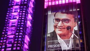 Kolkata: An illuminated building displays an image of BCCI President Sourav Ganguly.(PTI) Kolkata: An illuminated building displays an image of BCCI President Sourav Ganguly.(PTI)