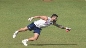Indian captain Virat Kohli dives to take a catch during a training session(PTI) Indian captain Virat Kohli dives to take a catch during a training session(PTI)