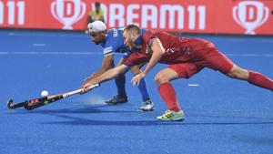 Mandeep Singh of India tries to beat a Russian defender to score a goal for his team during FIH Hockey Olympic Qualifiers 2019(Men), at Kalinga Stadium.(PTI) Mandeep Singh of India tries to beat a Russian defender to score a goal for his team during FIH Hockey Olympic Qualifiers 2019(Men), at Kalinga Stadium.(PTI)