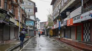 A deserted market during shutdown in Srinagar. Most shops and other business establishments in Kashmir were closed on Friday.(PTI Photo)