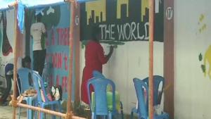 Mega wall painting activity on the outside walls at Chennai Airport on Saturday.(ANI) Mega wall painting activity on the outside walls at Chennai Airport on Saturday.(ANI)