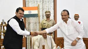 Mumbai, India - Nov. 23, 2019:Devendra Fadnavis appointed as Maharashtra CM and Ajit pawar as Deputy CM in presence of Maharashtra governor Bhagat Singh Koshyari at Raj Bhavan in Mumbai, India, on Saturday, November 23, 2019. (HT PHOTO) Mumbai, India - Nov. 23, 2019:Devendra Fadnavis appointed as Maharashtra CM and Ajit pawar as Deputy CM in presence of Maharashtra governor Bhagat Singh Koshyari at Raj Bhavan in Mumbai, India, on Saturday, November 23, 2019. (HT PHOTO)