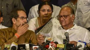 Shiv Sena Chief Uddhav Thackarey and NCP chief Sharad Pawar during the press conference in Mumbai on Saturday.(Anshuman Poyrekar/ HT photo) Shiv Sena Chief Uddhav Thackarey and NCP chief Sharad Pawar during the press conference in Mumbai on Saturday.(Anshuman Poyrekar/ HT photo)