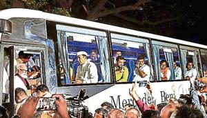 Nationalist Congress Party MLAs being escorted to Renaissance Hotel in Mumbai on Saturday(ANI) Nationalist Congress Party MLAs being escorted to Renaissance Hotel in Mumbai on Saturday(ANI)