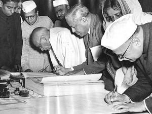 January 25, 1950: Key members of the Constituent Assembly sign the first copies of the Constitution(HT PHOTO) January 25, 1950: Key members of the Constituent Assembly sign the first copies of the Constitution(HT PHOTO)