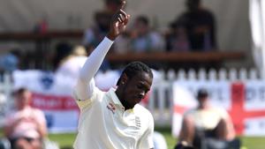England's Jofra Archer celebrates taking the wicket of New Zealand's BJ Watling.(REUTERS) England's Jofra Archer celebrates taking the wicket of New Zealand's BJ Watling.(REUTERS)