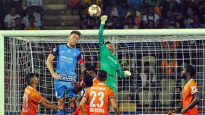 Panaji: Players of Jamshedpur FC in action against Goa during the 6th edition of ISL at Nehru Stadium in Panaji, Goa, Tuesday, Nov. 26, 2019.(PTI) Panaji: Players of Jamshedpur FC in action against Goa during the 6th edition of ISL at Nehru Stadium in Panaji, Goa, Tuesday, Nov. 26, 2019.(PTI)