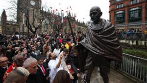 A 9-feet bronze statue of Mahatma Gandhi by noted artist Ram V. Sutar was on Monday installed in the popular Medieval Quarter of Manchester A 9-feet bronze statue of Mahatma Gandhi by noted artist Ram V. Sutar was on Monday installed in the popular Medieval Quarter of Manchester