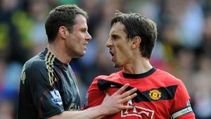 File image of former Liverpool defender Jamie Carragher and Manchester United defender Gary Neville (R).(Getty Images) File image of former Liverpool defender Jamie Carragher and Manchester United defender Gary Neville (R).(Getty Images)