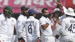India's Mohammed Shami, third right, celebrates with teammates the dismissal of Bangladesh's Mahmudullah.(AP) India's Mohammed Shami, third right, celebrates with teammates the dismissal of Bangladesh's Mahmudullah.(AP)