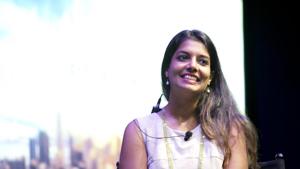 This file photo shows Shradha Agarwal, Co-Founder and President of ContextMedia, speaking in Chicago. Four former executives of a Chicago-based health-information company are accused in a $1 billion fraud scheme.(AP File)