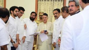 Mumbai, India - Nov. 26, 2019:Shiv Sena, NCP and Congress met Governor of Maharashtra Bhagat Singh Koshyari at Raj Bhavan in Mumbai, India, on Tuesday, November 26, 2019. (HT PHOTO) Mumbai, India - Nov. 26, 2019:Shiv Sena, NCP and Congress met Governor of Maharashtra Bhagat Singh Koshyari at Raj Bhavan in Mumbai, India, on Tuesday, November 26, 2019. (HT PHOTO)
