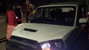 The accused’s damaged vehicle in police custody after in accident in Patiala on Wednesday night.(HT PHOTO) The accused’s damaged vehicle in police custody after in accident in Patiala on Wednesday night.(HT PHOTO)