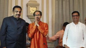 Newly elected Maharashtra Chief Minister Uddhav Thackeray along with minister addressing to media at Sahyadri Guest House after attending his first cabinet meeting in Mumbai, India, on Sunday, November 2, 2011.(Bhushan Koyande/ HT Photo)