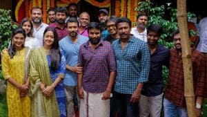 Jyotika with the cast and crew of her film. Jyotika with the cast and crew of her film.