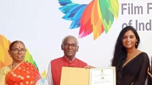 Usha Jadhav poses with Silver Peacock Award for Best Female Actor at the 2019 International Film Festival of India that she received for Mai Ghat. Usha Jadhav poses with Silver Peacock Award for Best Female Actor at the 2019 International Film Festival of India that she received for Mai Ghat.