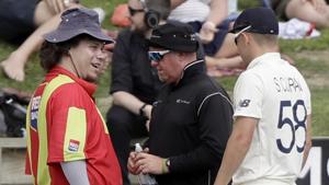 England's Sam Curran checks on the condition of a security guard.(AP) England's Sam Curran checks on the condition of a security guard.(AP)
