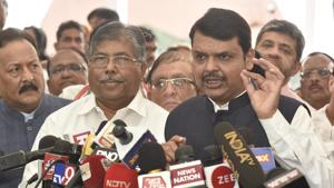 BJP leader Chandrakant Patil and Devendra Fadnavis addressing the media at Vidhan Bhavan in Mumbai on Saturday, November 30, 2019.(Photo by Anshuman Poyrekar/ Hindustan Times) BJP leader Chandrakant Patil and Devendra Fadnavis addressing the media at Vidhan Bhavan in Mumbai on Saturday, November 30, 2019.(Photo by Anshuman Poyrekar/ Hindustan Times)