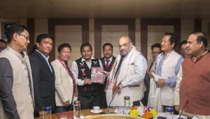 Home Minister Amit Shah during a meeting with various northeastern leaders on Citizenship Amendment Bill (CAB), in New Delhi, Saturday, Nov. 30, 2019.(PTI FILE) Home Minister Amit Shah during a meeting with various northeastern leaders on Citizenship Amendment Bill (CAB), in New Delhi, Saturday, Nov. 30, 2019.(PTI FILE)