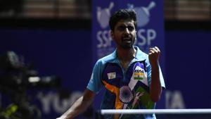 Sathiyan Gnanasekaran celebrates victory after beating Tomokazu Harimoto of Japan during day two of the ITTF-Asian Table Tennis Championships.(Getty Images)