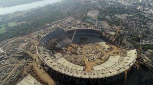 Aerial shot of the under construction Sardar Patel Stadium in Motera, Ahmedabad.(Twitter) Aerial shot of the under construction Sardar Patel Stadium in Motera, Ahmedabad.(Twitter)