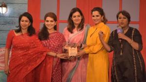Dr Shama Mohamed, Shaina NC, Priyanka Chaturvedi, Sania Mirza and Barkha Dutt at the event. Dr Shama Mohamed, Shaina NC, Priyanka Chaturvedi, Sania Mirza and Barkha Dutt at the event.