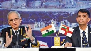 Chief of Naval Staff, Admiral Karambir Singh, with Navy spokesperson, Commander Vivek Madhwal, in New Delhi on Tuesday.(PTI)