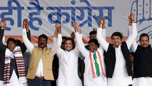 Congress leader Rahul Gandhi with senior party leaders during an assembly election rally in Simdega, Jharkhand, Monday December 2,2019.(HT Photo) Congress leader Rahul Gandhi with senior party leaders during an assembly election rally in Simdega, Jharkhand, Monday December 2,2019.(HT Photo)