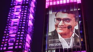 An illuminated building displays an image of BCCI President Sourav Ganguly.(PTI) An illuminated building displays an image of BCCI President Sourav Ganguly.(PTI)